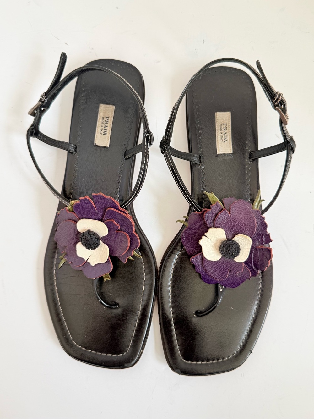 Prada Archive Floral Leather Sandals 38.5 Black Slingback Thong Appliqué Flats - Picture 2 of 12